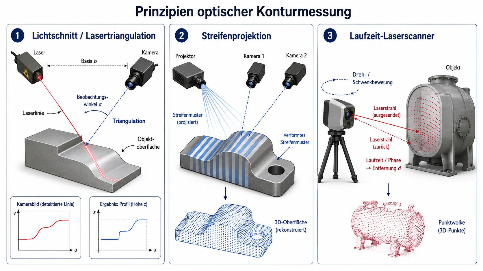 Prinzipskizze zu Lichtschnitt, Streifenprojektion und Laufzeit-Laserscanner